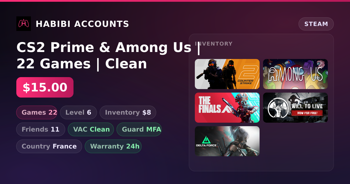 CS2 Prime & Among Us | 22 Games | Clean — HabibiAccounts