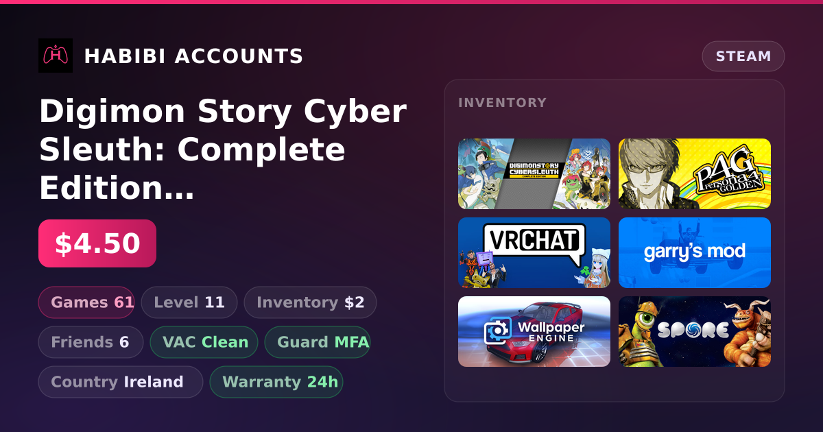 Digimon Story Cyber Sleuth: Complete Edition & Persona 4 Golden | Level 11 | 61 Games | Clean — HabibiAccounts