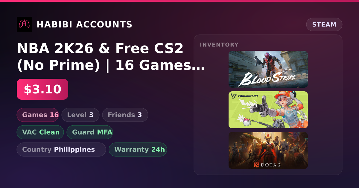 NBA 2K26 & Free CS2 (No Prime) | 16 Games | Clean — HabibiAccounts