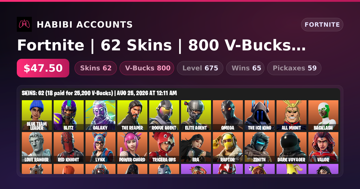 Fortnite | 62 Skins | 800 V-Bucks | Level 675 | 65 Wins — HabibiAccounts