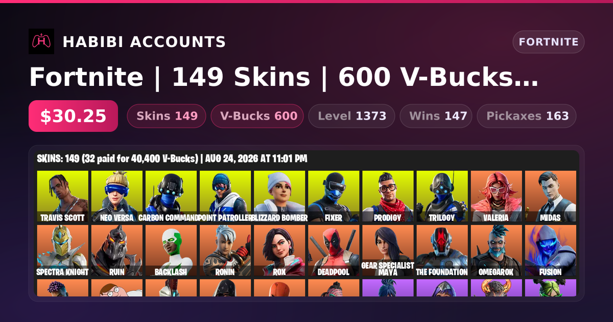 Fortnite | 149 Skins | 600 V-Bucks | Level 1373 | 147 Wins