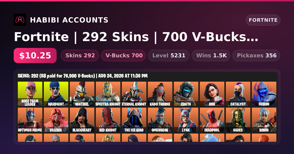 Fortnite | 292 Skins | 700 V-Bucks | Level 5231 | 1.5K Wins — HabibiAccounts
