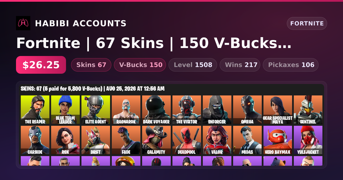 Fortnite | 67 Skins | 150 V-Bucks | Level 1508 | 217 Wins