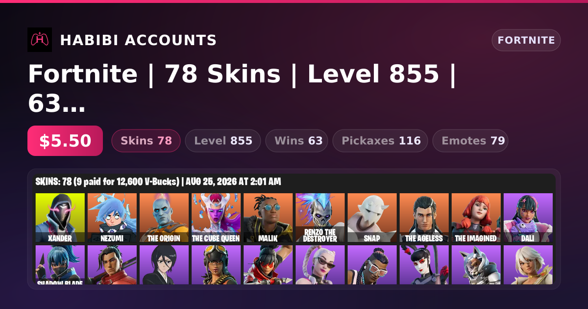Fortnite | 78 Skins | Level 855 | 63 Wins — HabibiAccounts