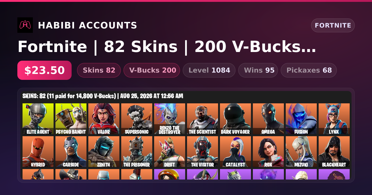 Fortnite | 82 Skins | 200 V-Bucks | Level 1084 | 95 Wins