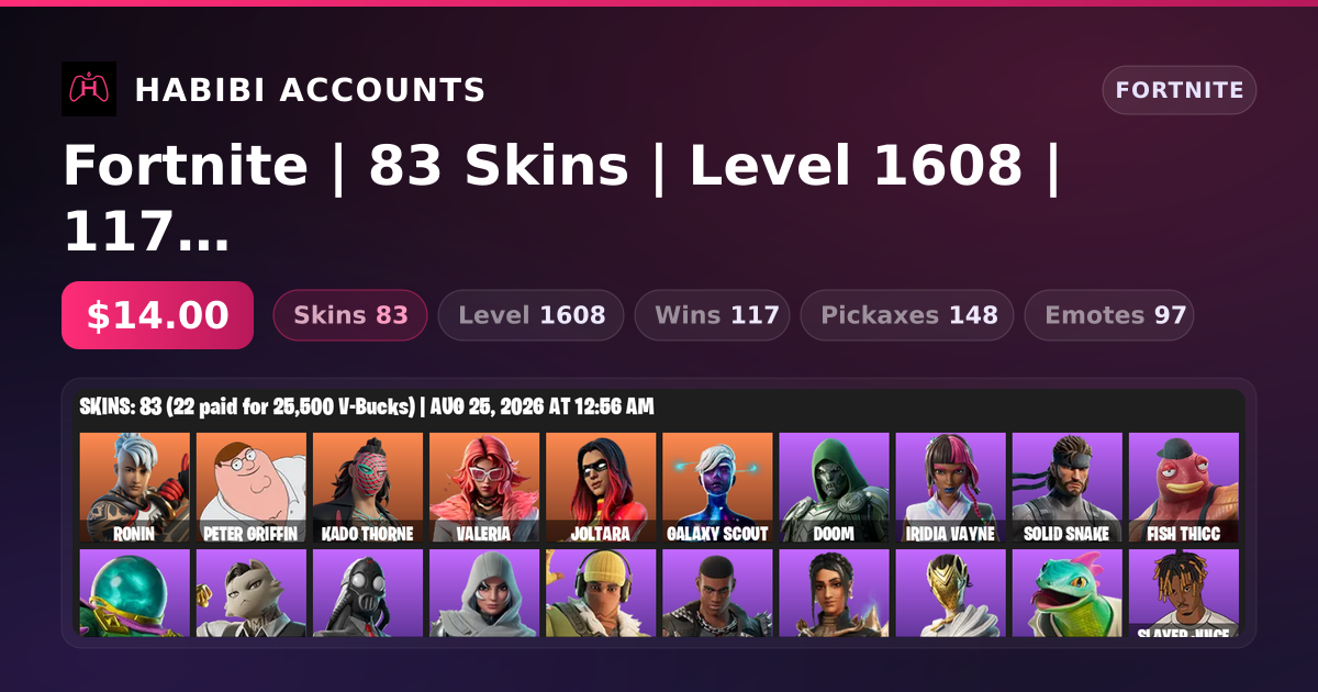 Fortnite | 83 Skins | Level 1608 | 117 Wins — HabibiAccounts