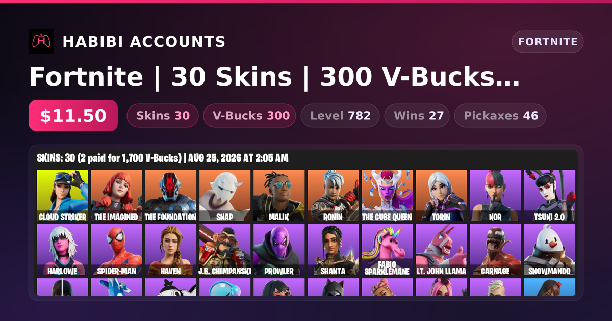 Fortnite | 30 Skins | 300 V-Bucks | Level 782 | 27 Wins