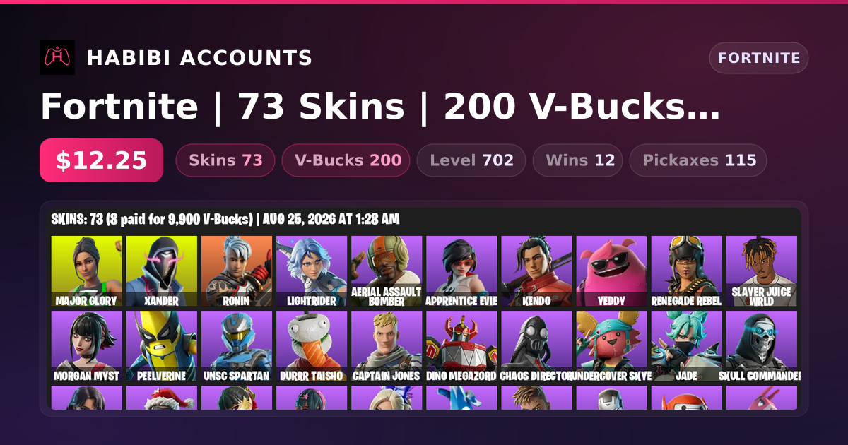 Fortnite | 73 Skins | 200 V-Bucks | Level 702 | 12 Wins — HabibiAccounts