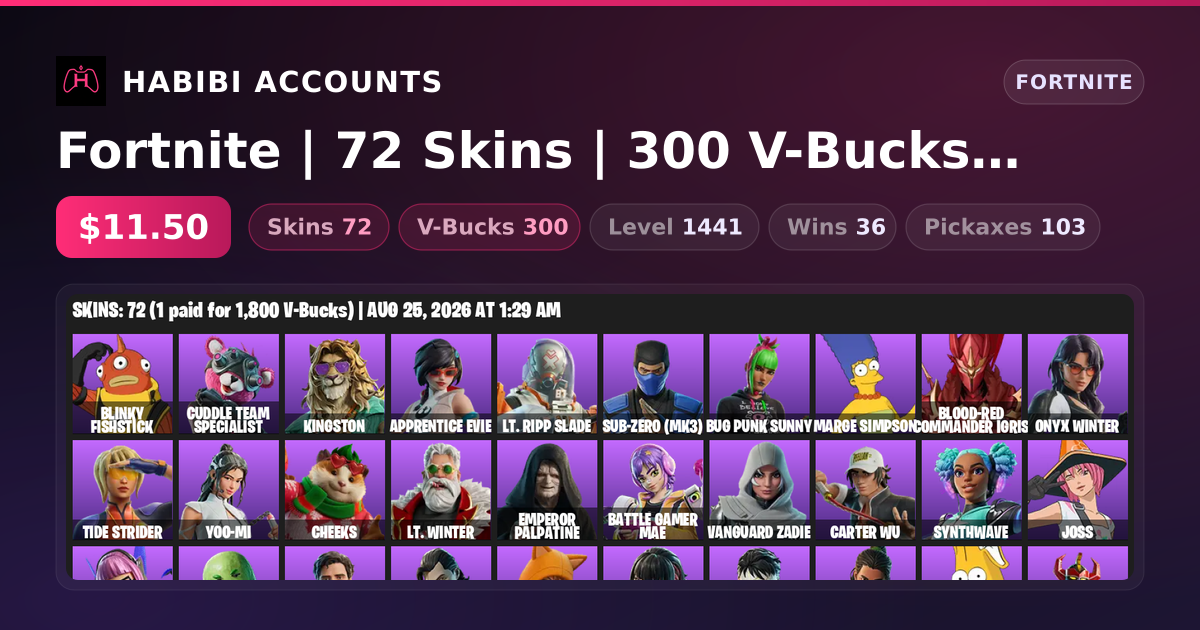 Fortnite | 72 Skins | 300 V-Bucks | Level 1441 | 36 Wins — HabibiAccounts