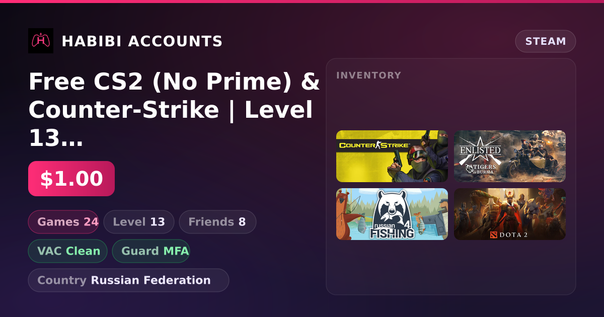 Free CS2 (No Prime) & Counter-Strike | Level 13 | 24 Games | Clean