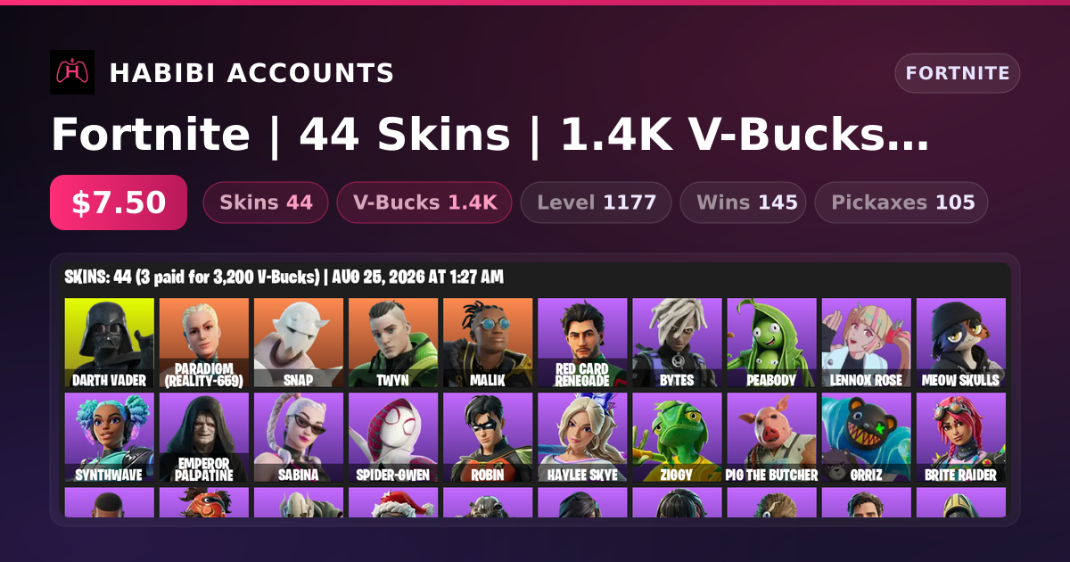 Fortnite | 44 Skins | 1.4K V-Bucks | Level 1177 | 145 Wins — HabibiAccounts
