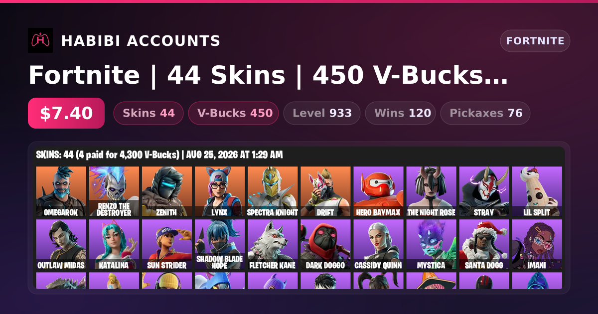 Fortnite | 44 Skins | 450 V-Bucks | Level 933 | 120 Wins — HabibiAccounts
