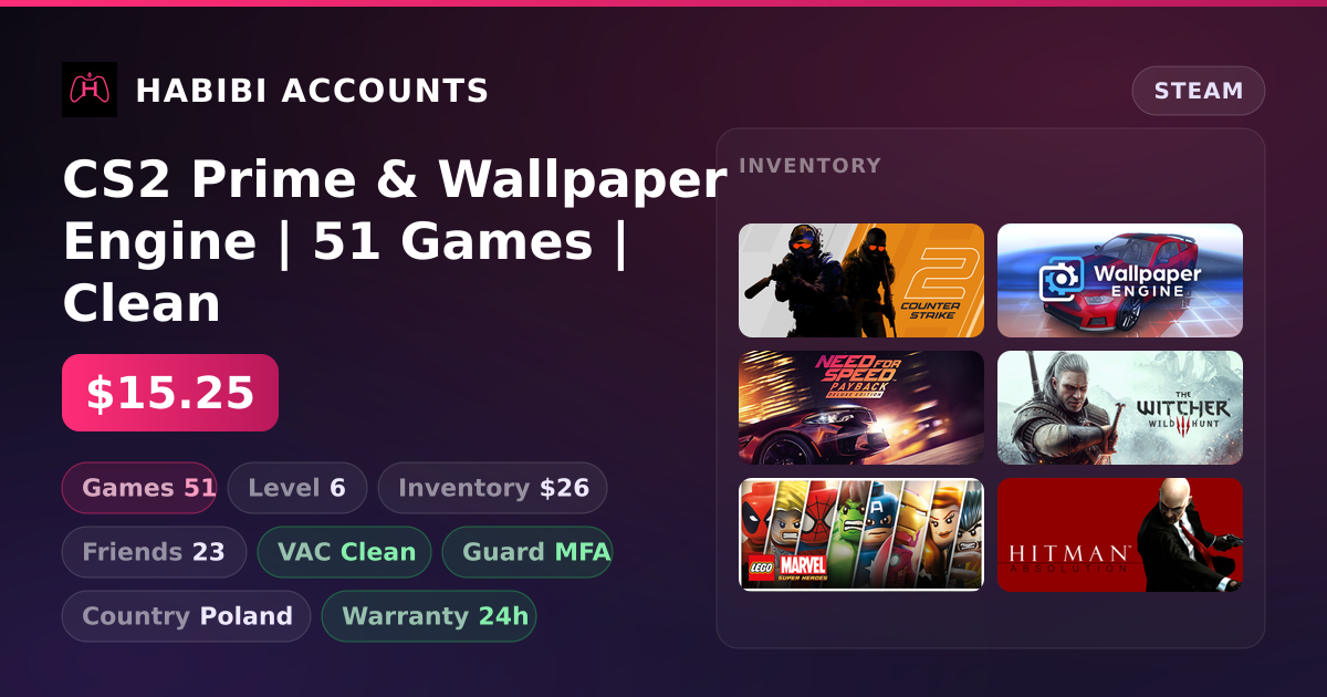 CS2 Prime & Wallpaper Engine | 51 Games | Clean — HabibiAccounts