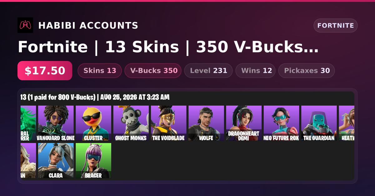 Fortnite | 13 Skins | 350 V-Bucks | Level 231 | 12 Wins