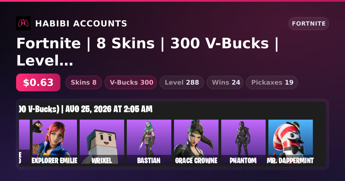 Fortnite | 8 Skins | 300 V-Bucks | Level 288 | 24 Wins — HabibiAccounts