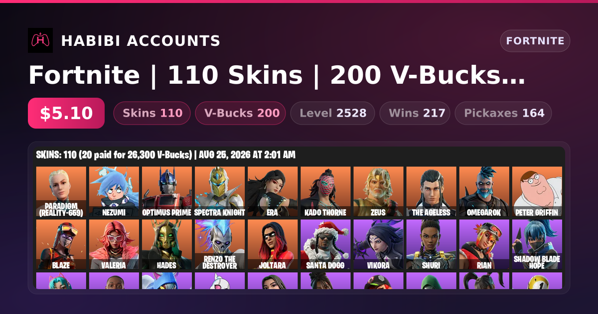 Fortnite | 110 Skins | 200 V-Bucks | Level 2528 | 217 Wins — HabibiAccounts
