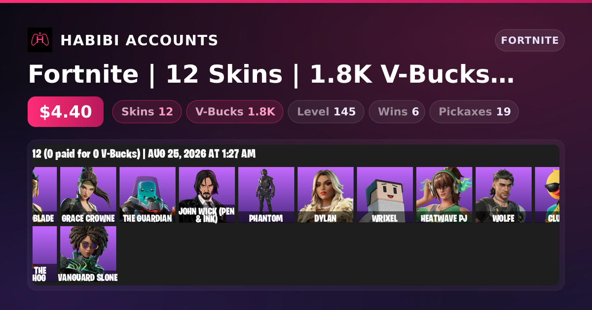 Fortnite | 12 Skins | 1.8K V-Bucks | Level 145 | 6 Wins — HabibiAccounts