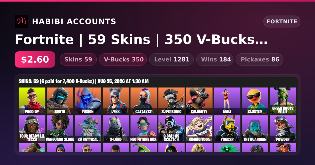 Fortnite | 59 Skins | 350 V-Bucks | Level 1281 | 184 Wins — HabibiAccounts