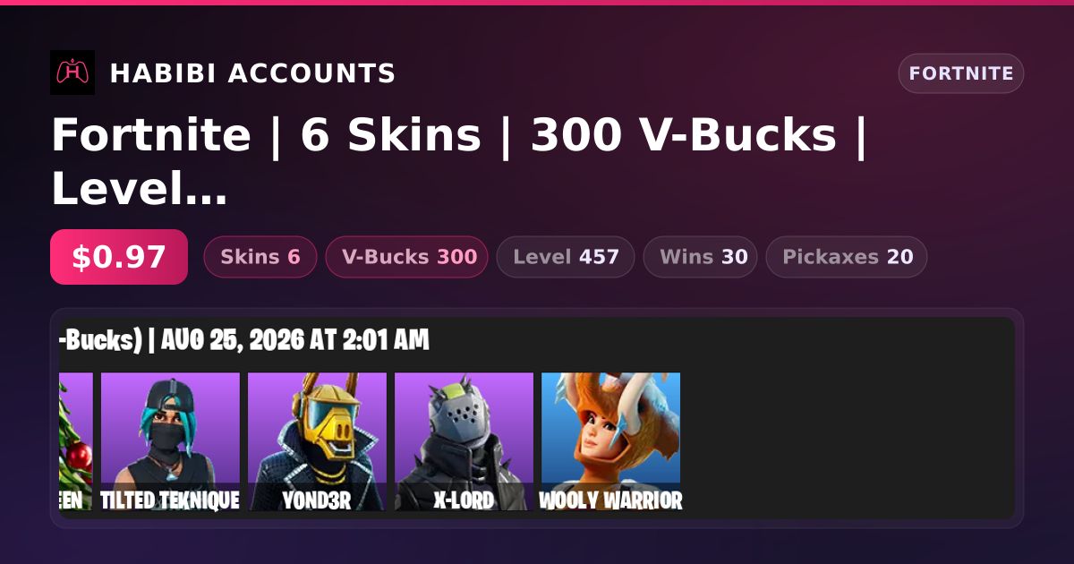 Fortnite | 6 Skins | 300 V-Bucks | Level 457 | 30 Wins — HabibiAccounts
