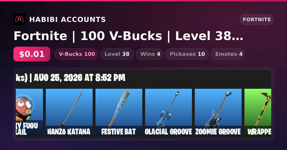 Fortnite | 100 V-Bucks | Level 38 | 4 Wins — HabibiAccounts
