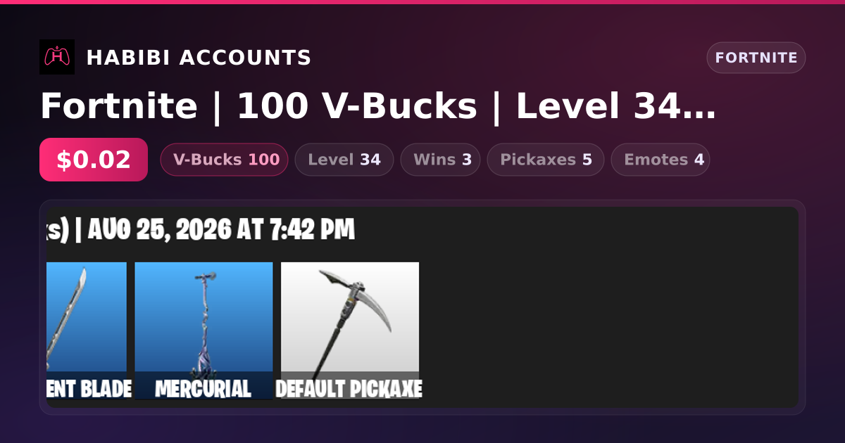 Fortnite | 100 V-Bucks | Level 34 | 3 Wins — HabibiAccounts