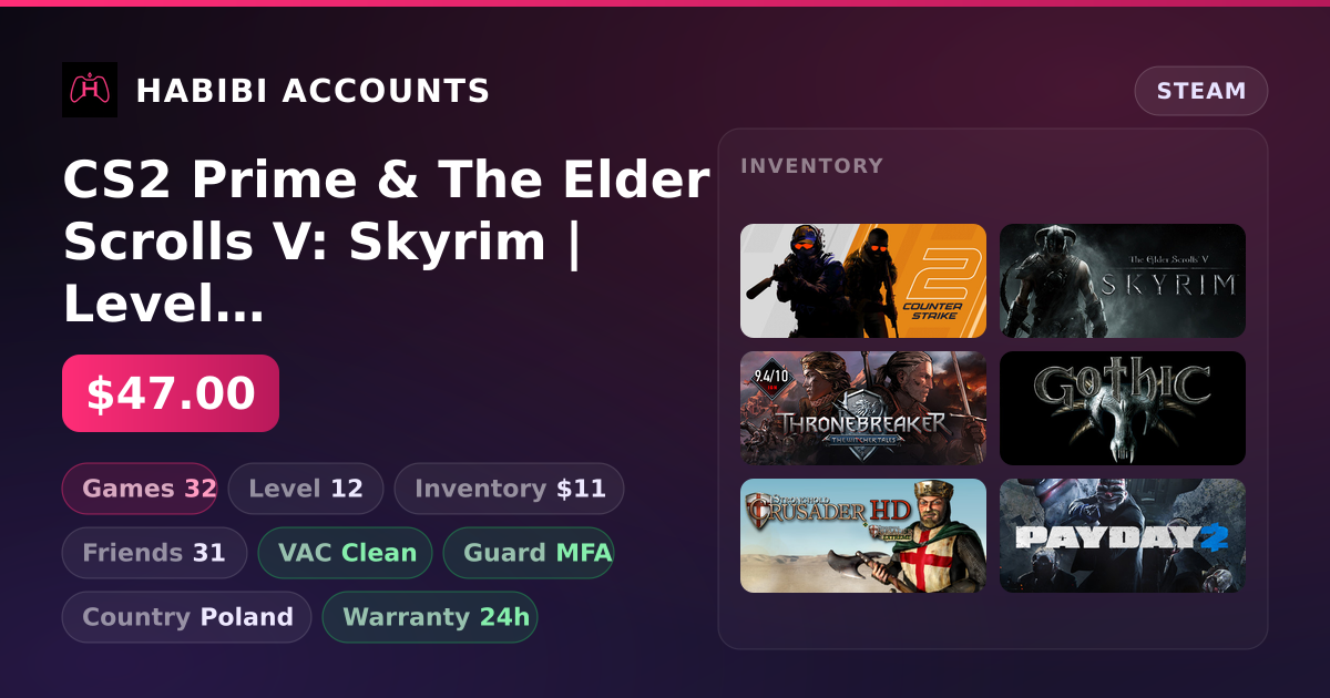 CS2 Prime & The Elder Scrolls V: Skyrim | Level 12 | 32 Games | Clean