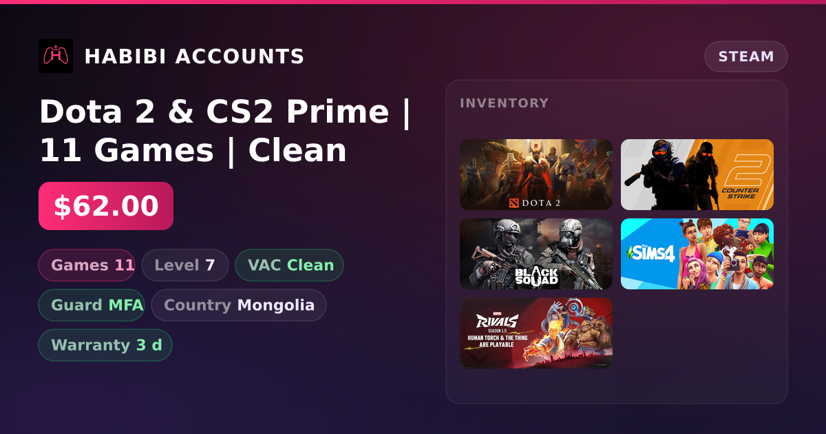 Dota 2 & CS2 Prime | 11 Games | Clean — HabibiAccounts
