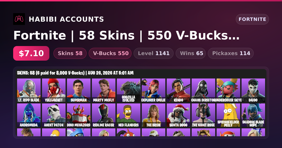 Fortnite | 58 Skins | 550 V-Bucks | Level 1141 | 65 Wins — HabibiAccounts
