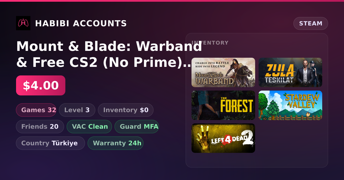 Mount & Blade: Warband & Free CS2 (No Prime) | 32 Games | Clean — HabibiAccounts