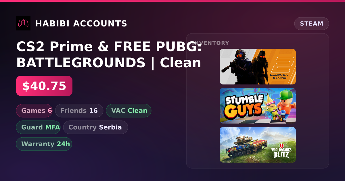 CS2 Prime & FREE PUBG: BATTLEGROUNDS | Clean — HabibiAccounts