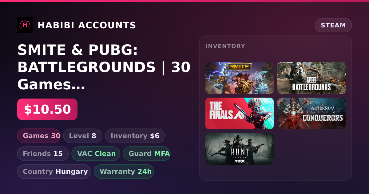 SMITE & PUBG: BATTLEGROUNDS | 30 Games | Clean — HabibiAccounts