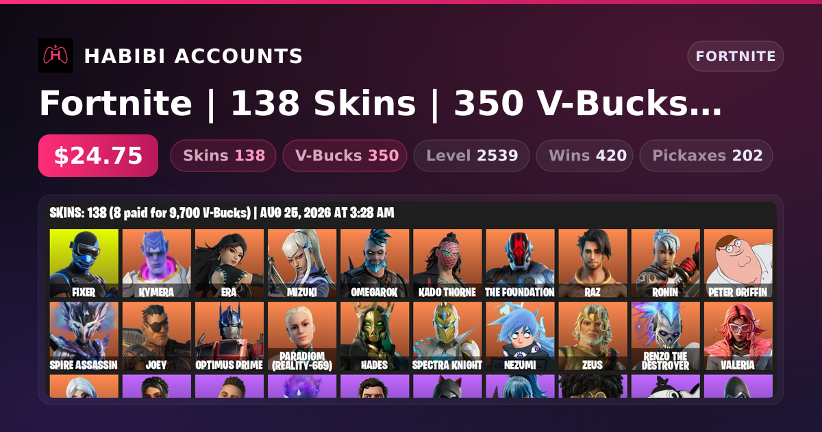Fortnite | 138 Skins | 350 V-Bucks | Level 2539 | 420 Wins