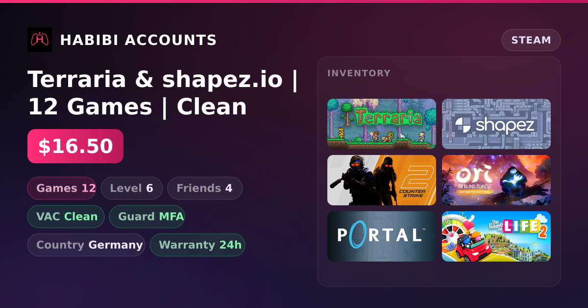 Terraria & shapez.io | 12 Games | Clean — HabibiAccounts