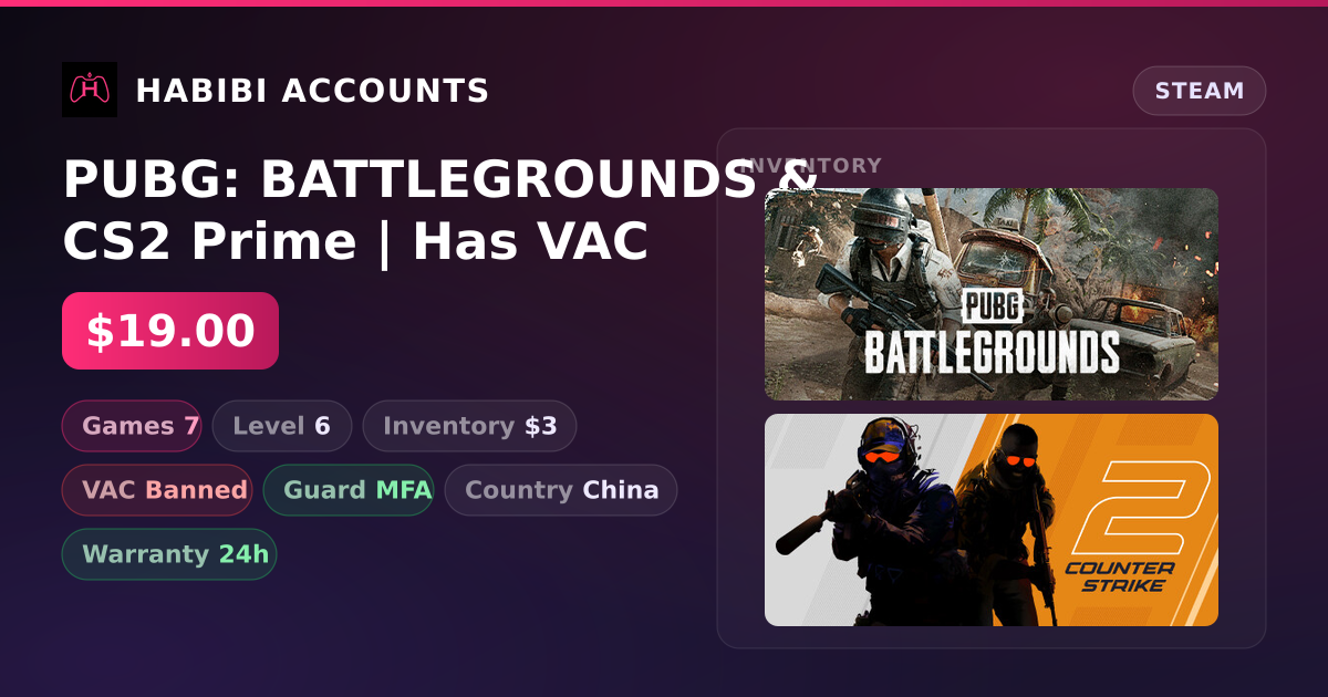 PUBG: BATTLEGROUNDS & CS2 Prime | Has VAC — HabibiAccounts