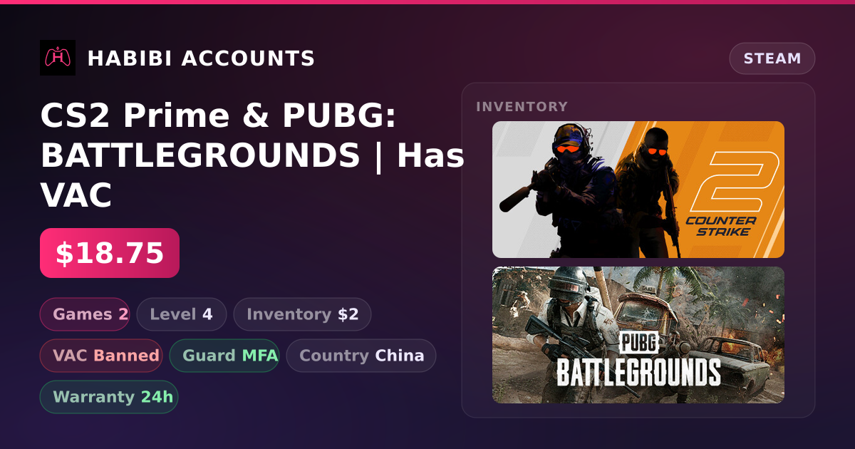 CS2 Prime & PUBG: BATTLEGROUNDS | Has VAC — HabibiAccounts