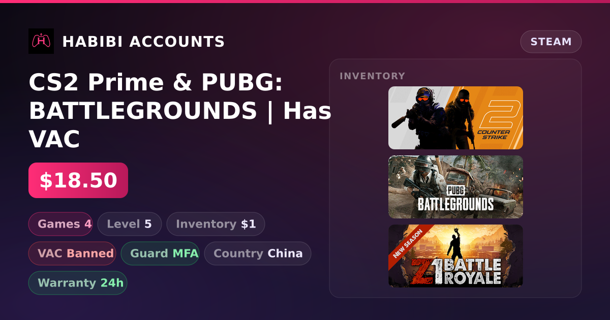 CS2 Prime & PUBG: BATTLEGROUNDS | Has VAC — HabibiAccounts