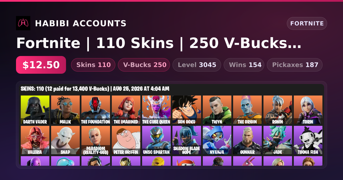 Fortnite | 110 Skins | 250 V-Bucks | Level 3045 | 154 Wins