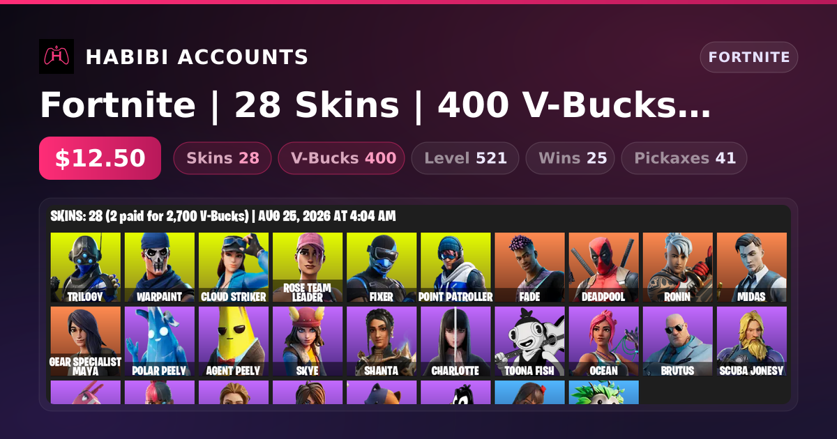 Fortnite | 28 Skins | 400 V-Bucks | Level 521 | 25 Wins