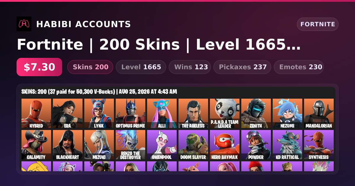 Fortnite | 200 Skins | Level 1665 | 123 Wins — HabibiAccounts