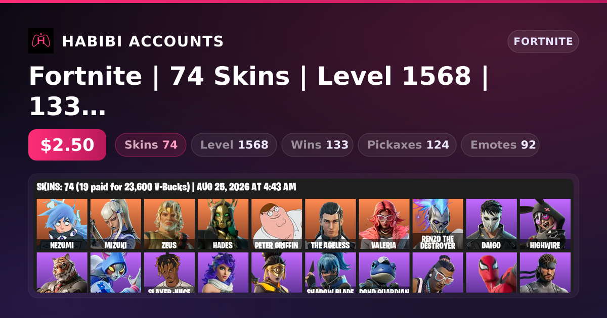 Fortnite | 74 Skins | Level 1568 | 133 Wins — HabibiAccounts