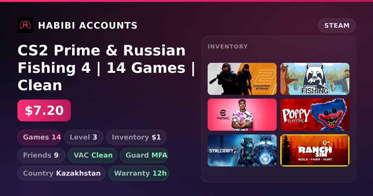 CS2 Prime & Russian Fishing 4 | 14 Games | Clean — HabibiAccounts