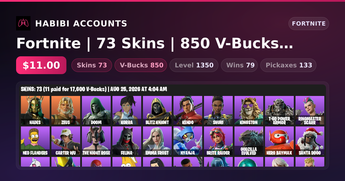 Fortnite | 73 Skins | 850 V-Bucks | Level 1350 | 79 Wins