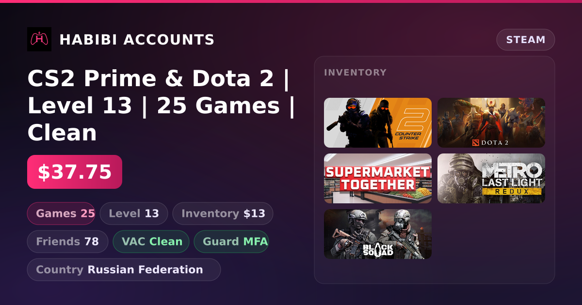 CS2 Prime & Dota 2 | Level 13 | 25 Games | Clean