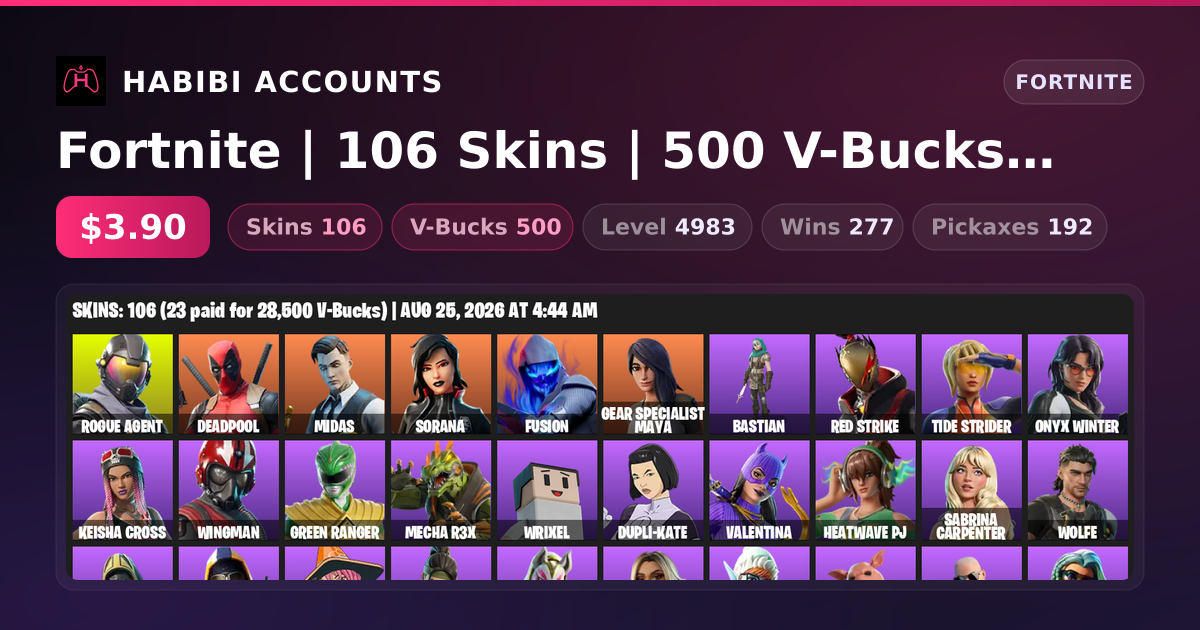 Fortnite | 106 Skins | 500 V-Bucks | Level 4983 | 277 Wins — HabibiAccounts