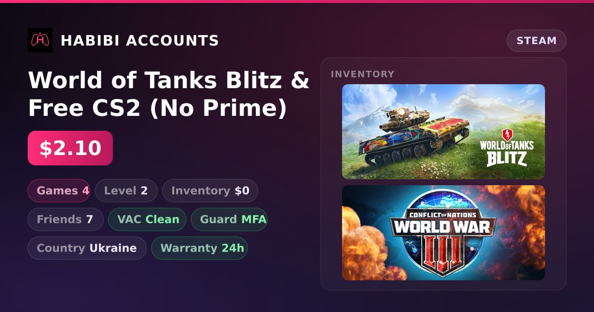 World of Tanks Blitz & Free CS2 (No Prime) — HabibiAccounts
