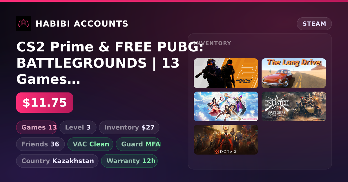 CS2 Prime & FREE PUBG: BATTLEGROUNDS | 13 Games | Clean