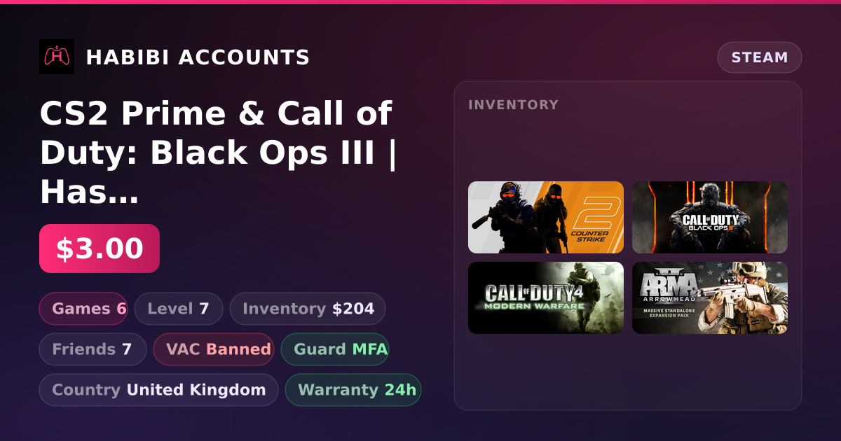 CS2 Prime & Call of Duty: Black Ops III | Has VAC — HabibiAccounts