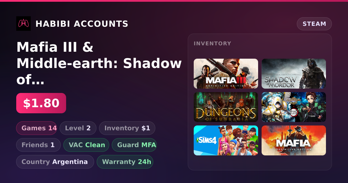 Mafia III & Middle-earth: Shadow of Mordor | 14 Games | Clean — HabibiAccounts