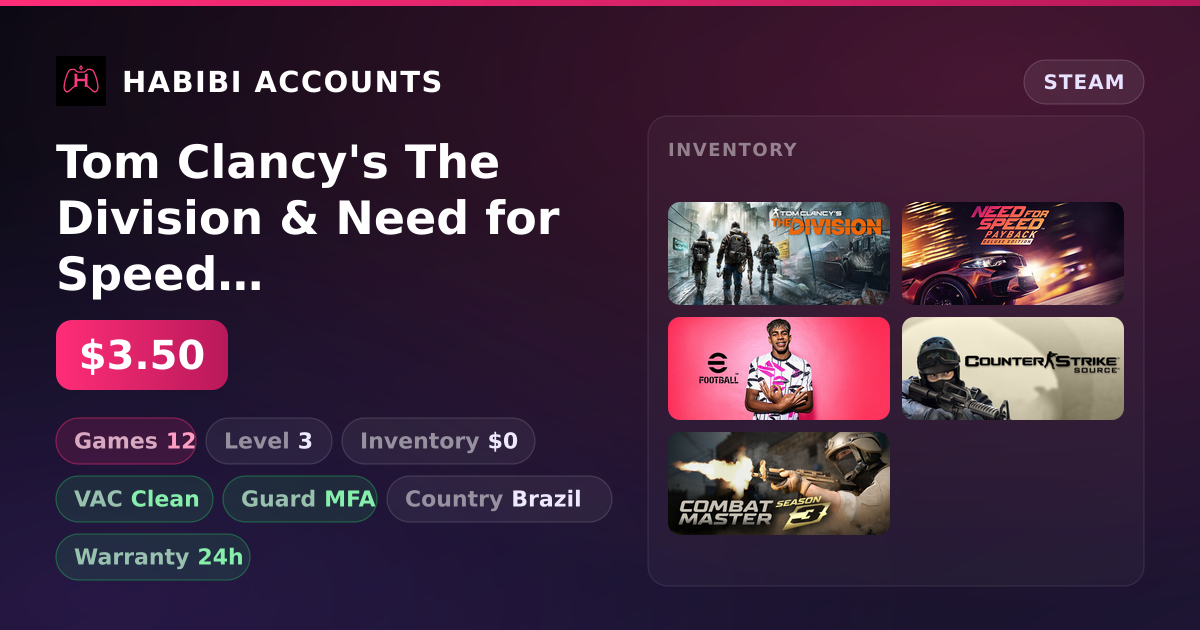 Tom Clancy's The Division & Need for Speed Payback | 12 Games | Clean — HabibiAccounts