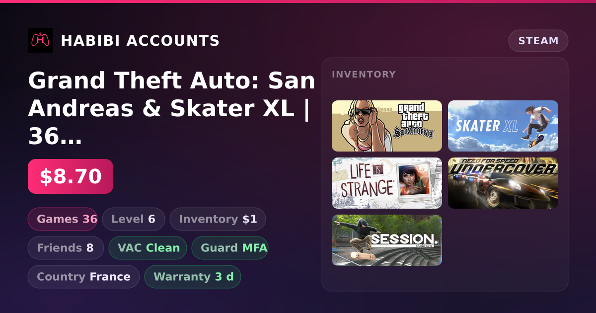Grand Theft Auto: San Andreas & Skater XL | 36 Games | Clean — HabibiAccounts
